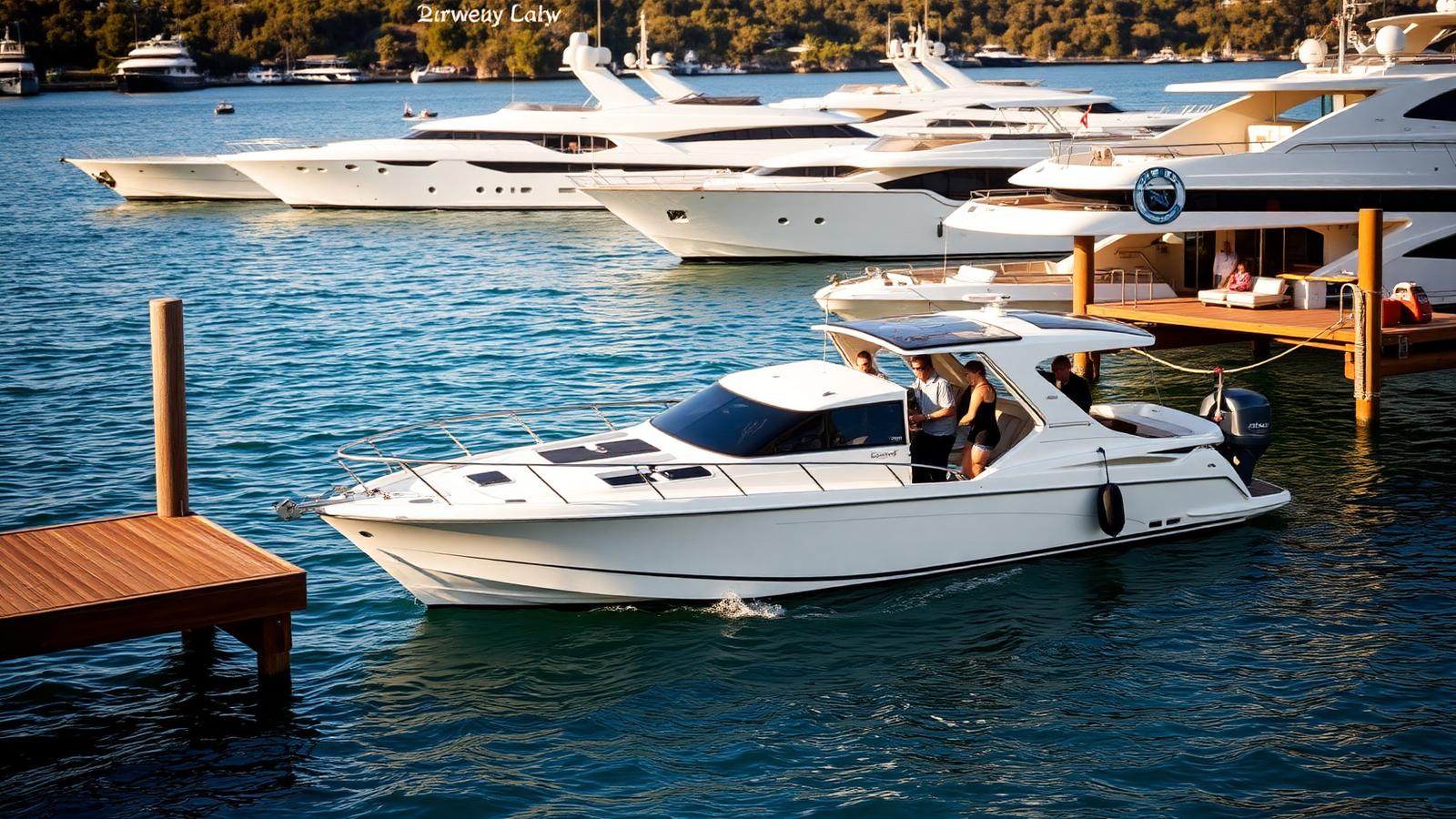 Private water taxi arriving at a wooden wharf on Sydney Harbour with luxury yachts in the background
