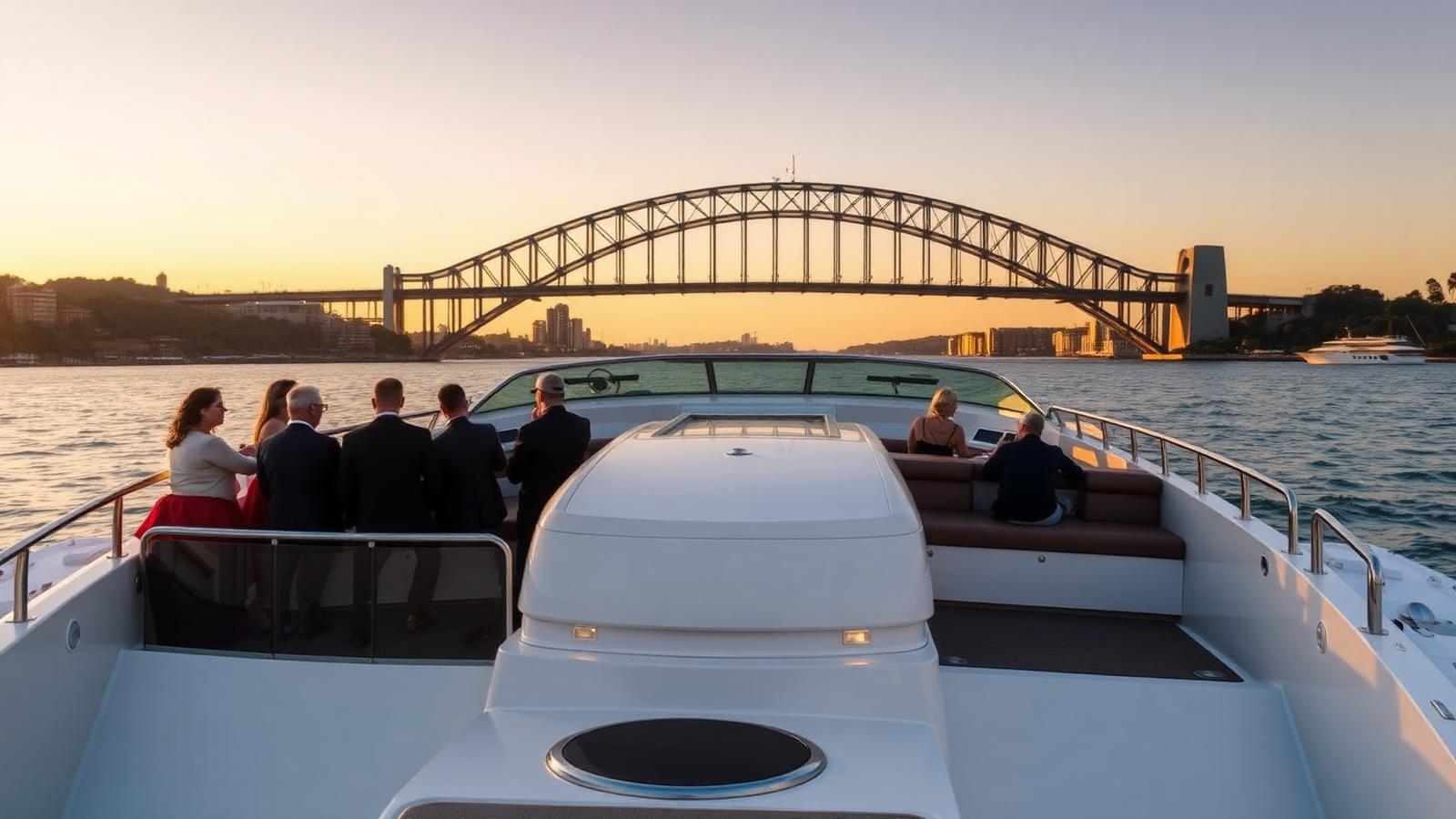 Luxury charter boat with guests on the rear deck cruising Sydney Harbour at golden hour