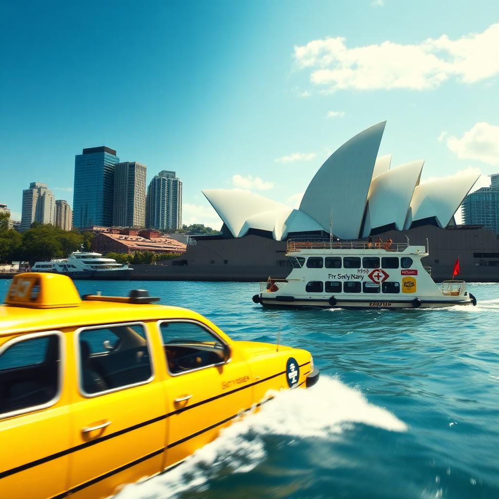 Yellow Sydney water taxi passing the Opera House on a Circular Quay to Manly transfer