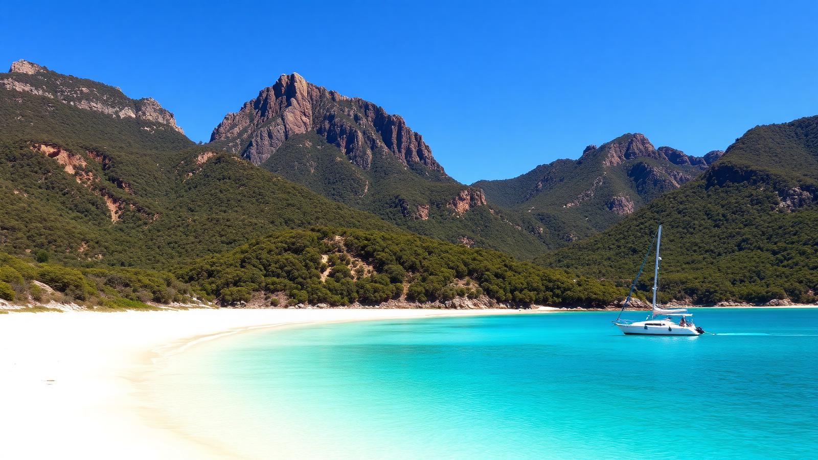 White sand crescent of Wineglass Bay with turquoise water and the forested granite peaks of the Hazards, Freycinet Peninsula Tasmania