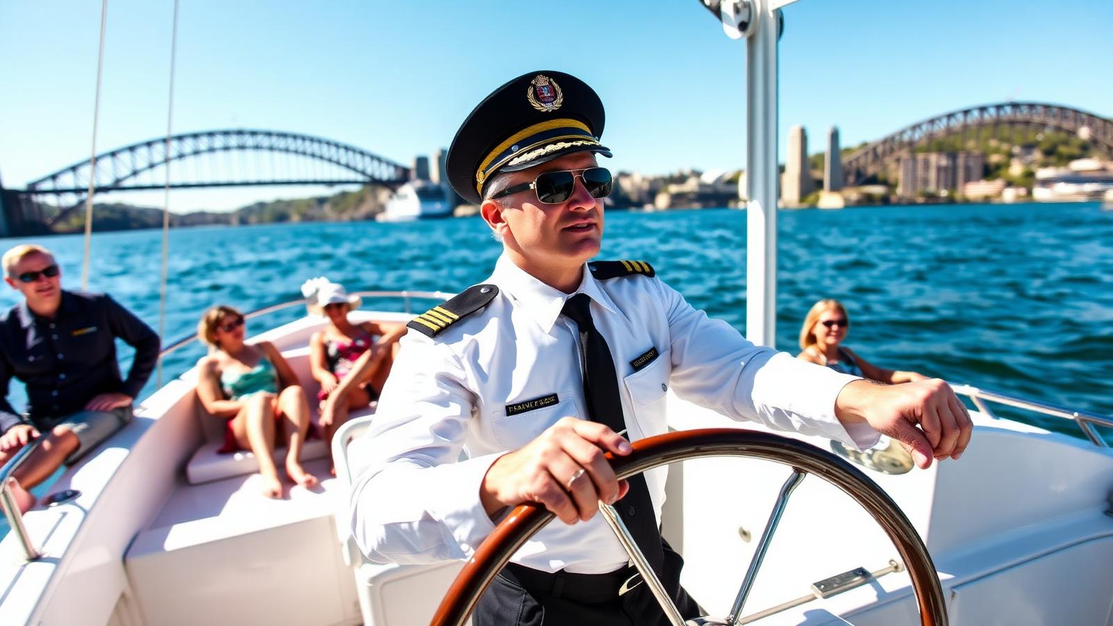 Uniformed skipper at the helm of a charter boat on Sydney Harbour with relaxed guests behind