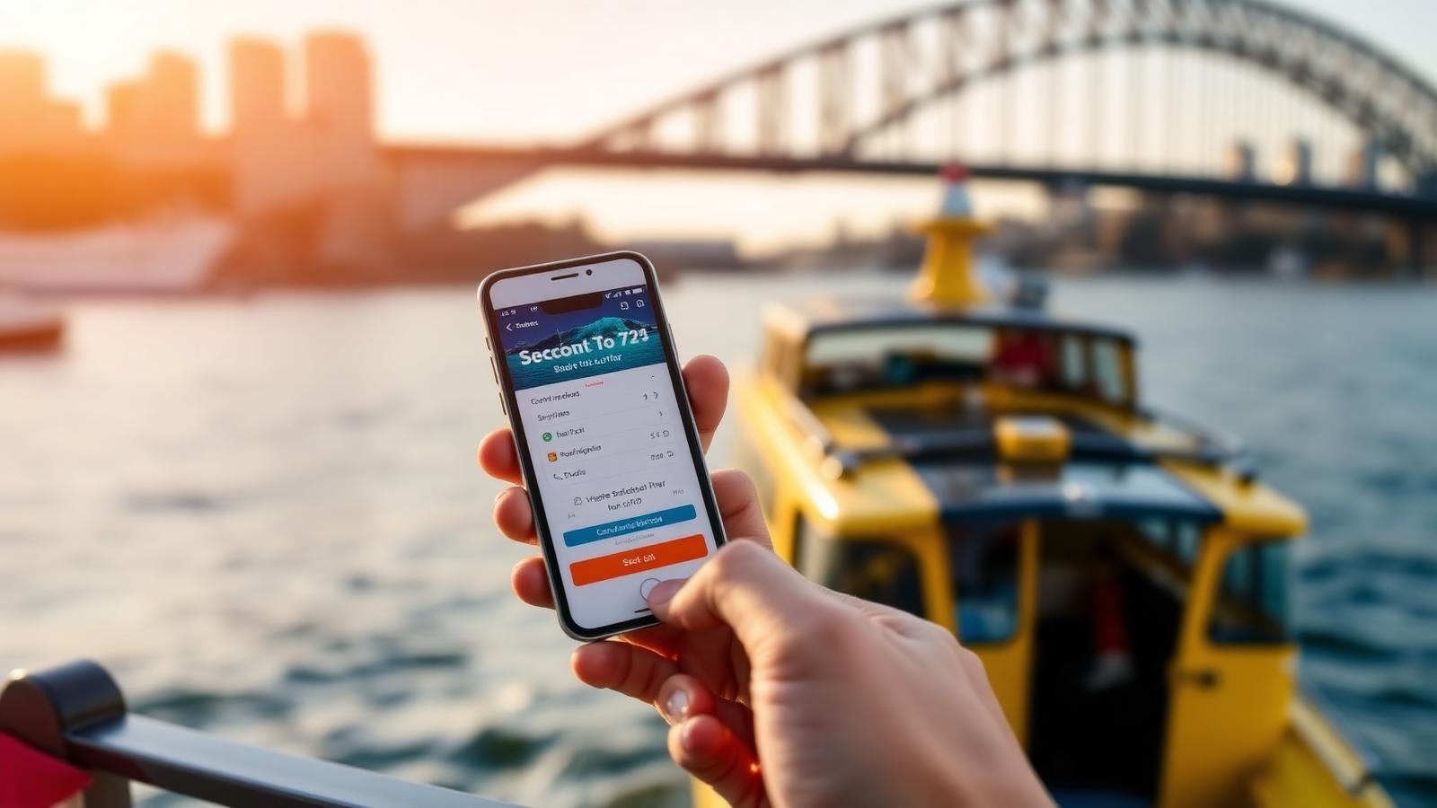 Phone showing a water taxi booking app with a yellow water taxi and Sydney Harbour Bridge behind