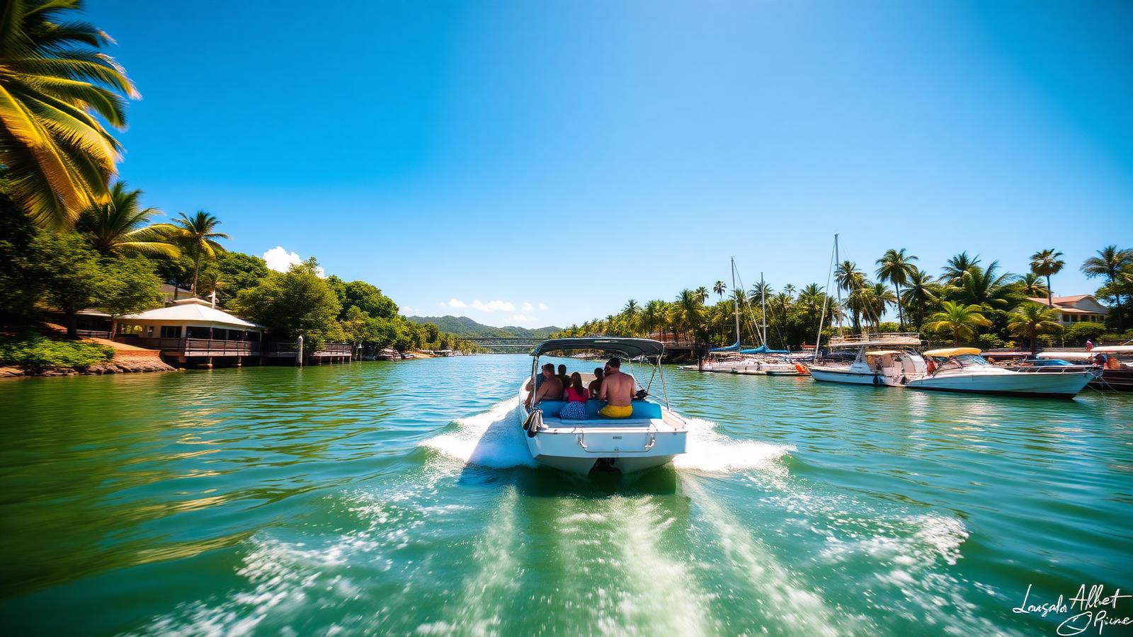 Open water taxi cruising the Noosa River past palm-lined banks and moored boats near Noosa Marina on the Sunshine Coast