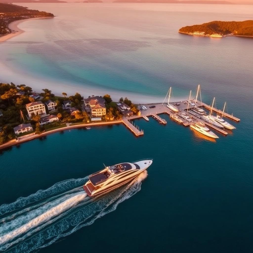 Aerial view of a premium water taxi cruising Pittwater with Palm Beach, waterfront homes and moored yachts at golden hour