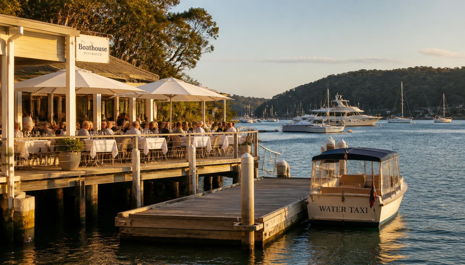 Water taxi tied alongside the pontoon of a Pittwater waterfront restaurant at golden hour with moored yachts behind