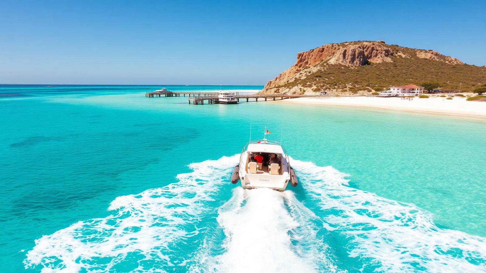 Water taxi crossing brilliant turquoise water toward the jetty at Thomson Bay, Rottnest Island, Western Australia