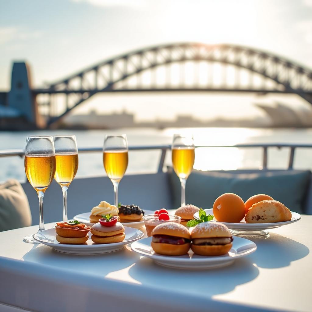Elegant brunch spread with mimosas on a private charter boat deck with the Sydney Harbour Bridge in the background