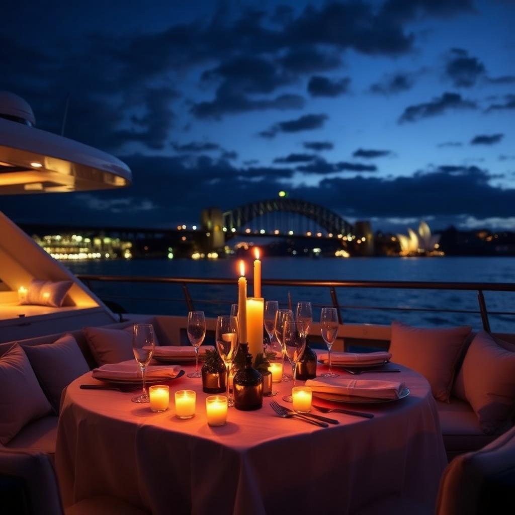 Elegant candlelit dinner table set on a private luxury cruiser deck at night with Sydney Harbour Bridge lit in the background