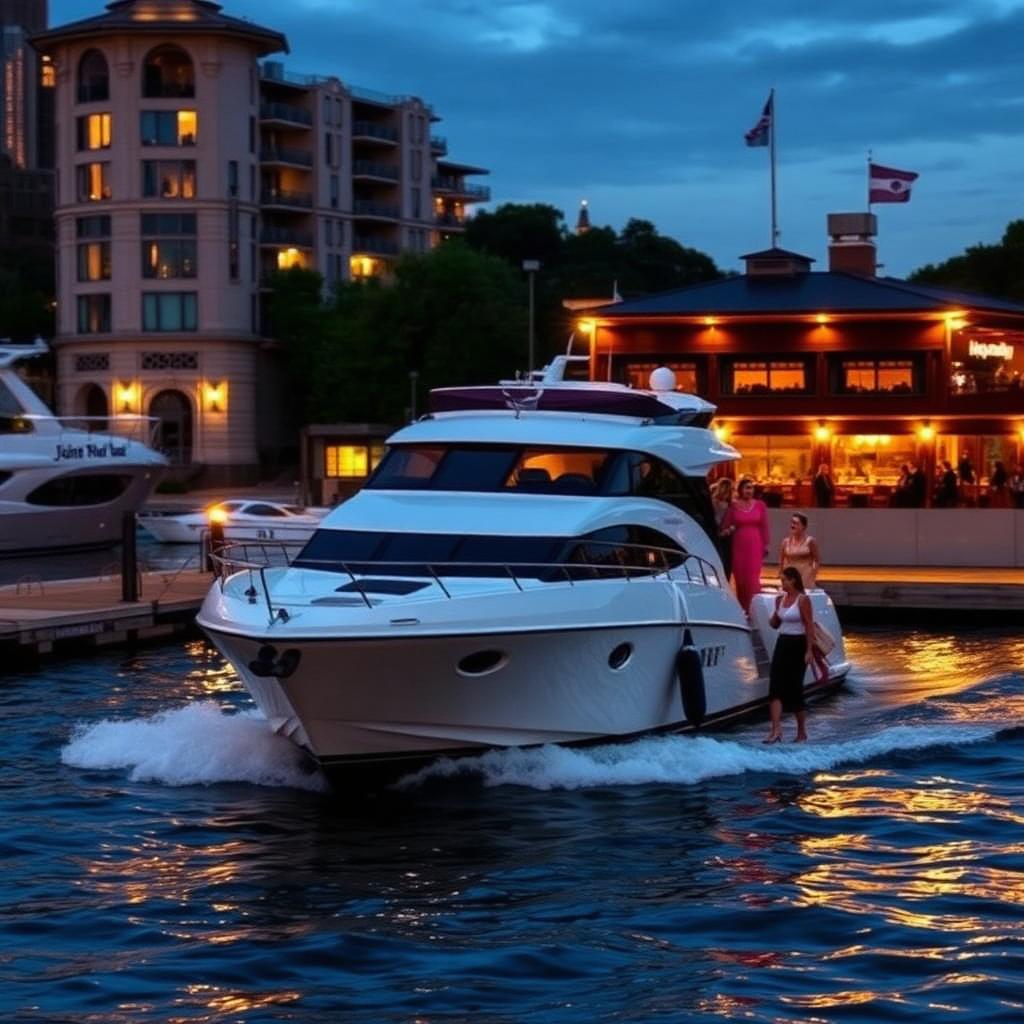 Luxury private cruiser pulling up to a waterfront restaurant on Sydney Harbour at dusk with elegant guests disembarking