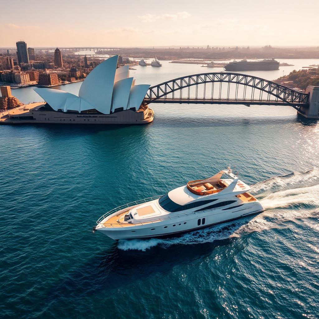 Luxury private motor yacht cruising past the Sydney Opera House and Harbour Bridge on a bright afternoon