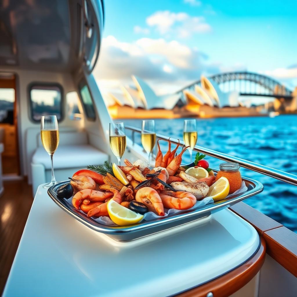 Fresh seafood platter and chilled champagne on a private luxury cruiser with the Sydney Harbour Bridge and Opera House in the background