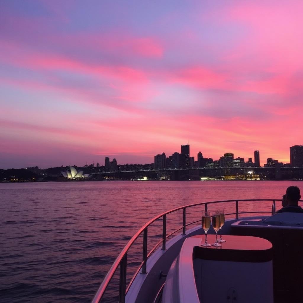 Sydney Harbour at twilight with pink and gold sky, city lights and champagne flutes on a private cruiser deck
