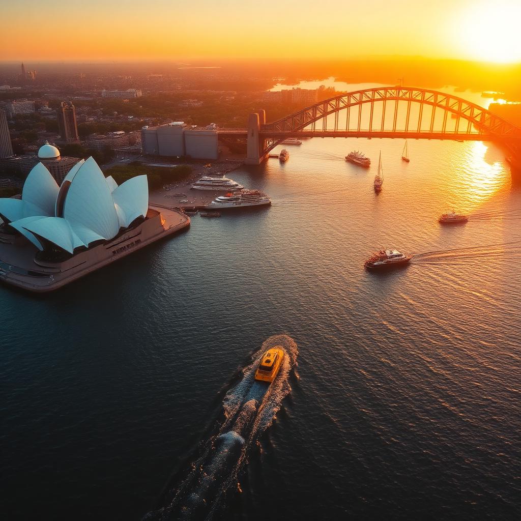 Aerial golden hour view of Sydney Harbour with a yellow water taxi leaving a wake between the Opera House and the Harbour Bridge