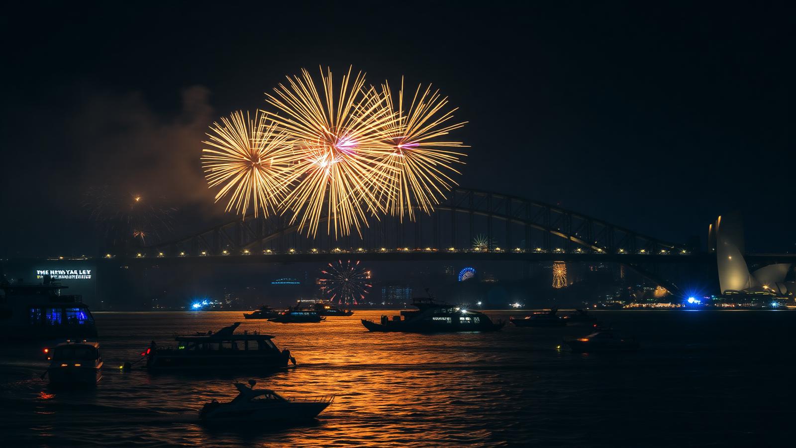 Sydney Harbour Bridge NYE fireworks over water with Sydney water taxis watching from a permitted viewing anchorage