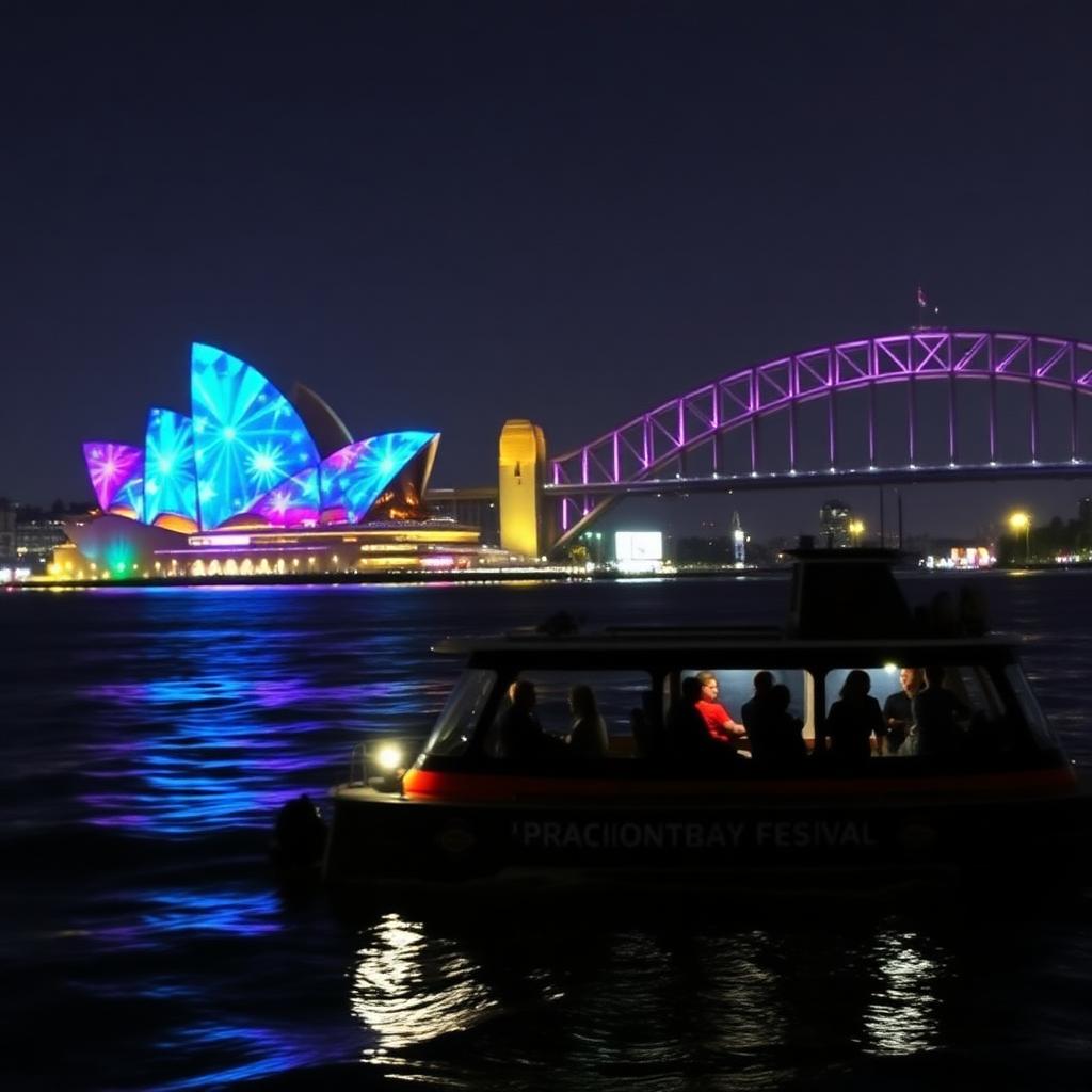 Sydney Opera House lit with colourful Vivid projections and the Harbour Bridge in purple, with a water taxi cruising past at night