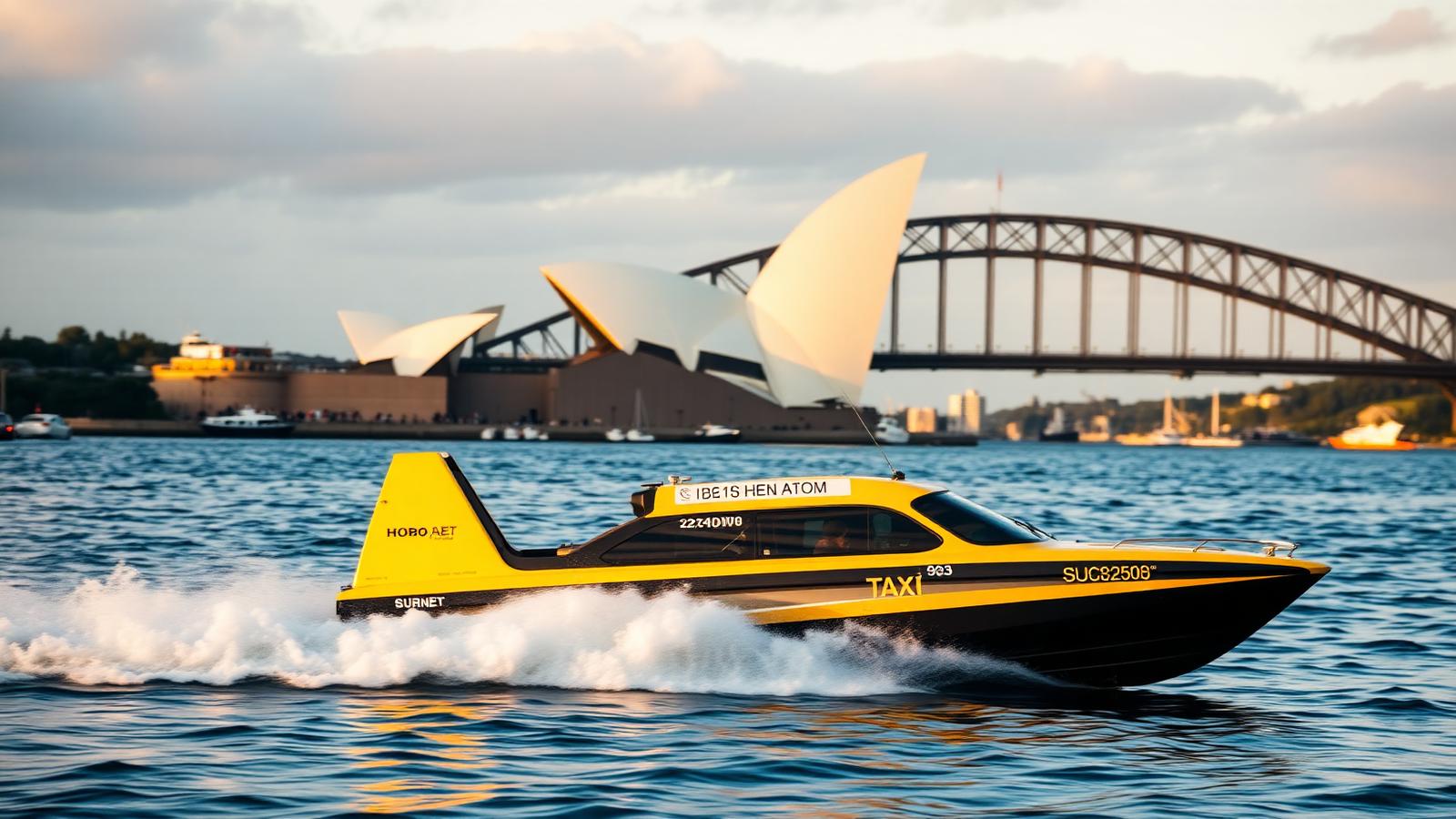 Yellow water taxi speeding across Sydney Harbour with the Opera House and Harbour Bridge behind it