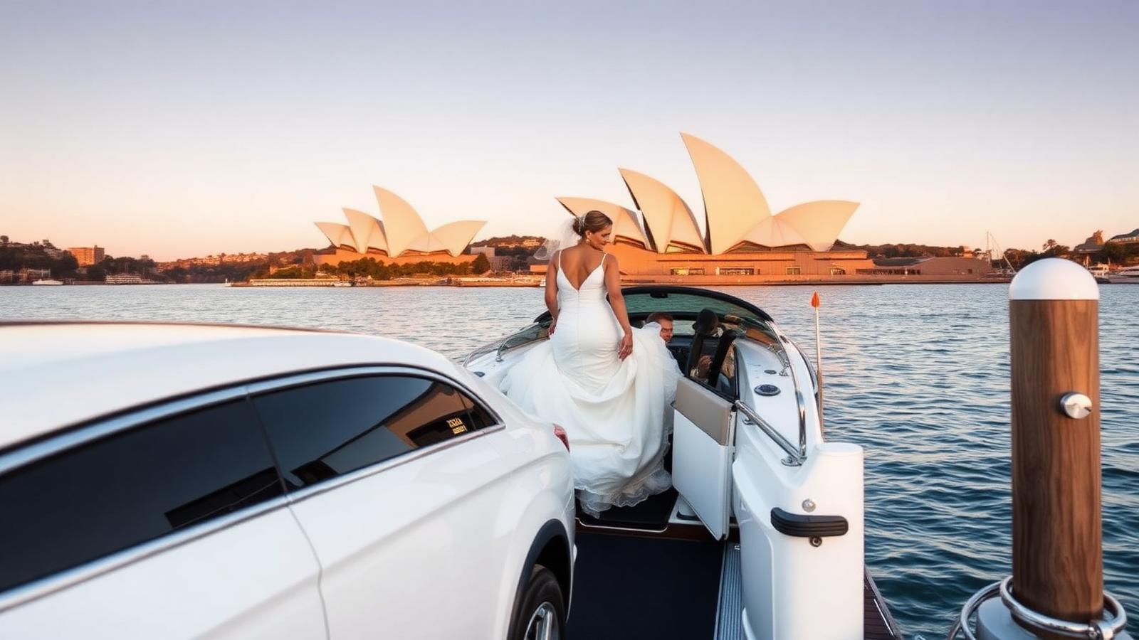 Bride stepping off a premium Sydney water taxi limousine at a Harbour jetty with the Opera House at sunset behind her