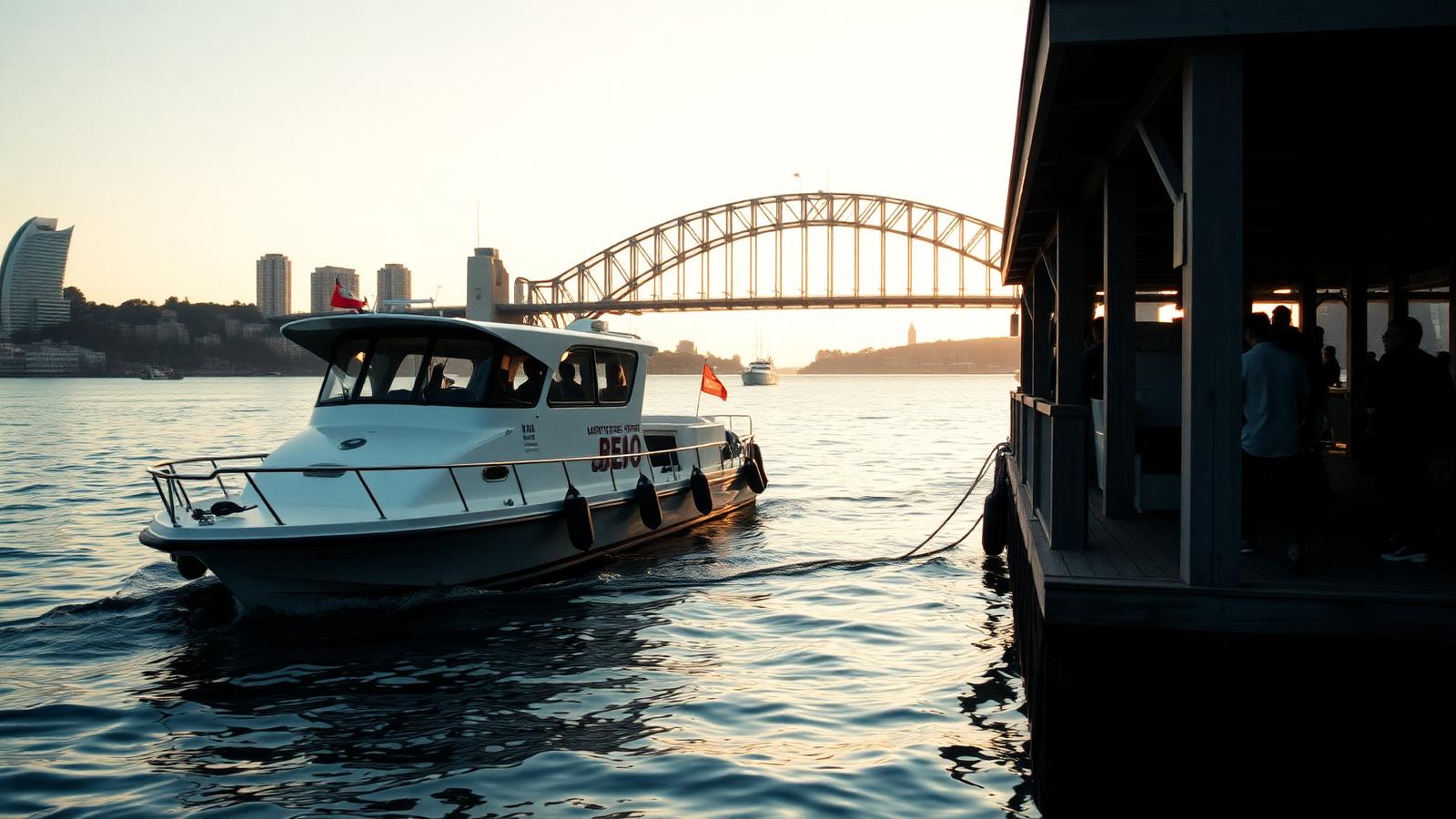 White taxi boat idling alongside a timber wharf on Sydney Harbour with the Harbour Bridge behind