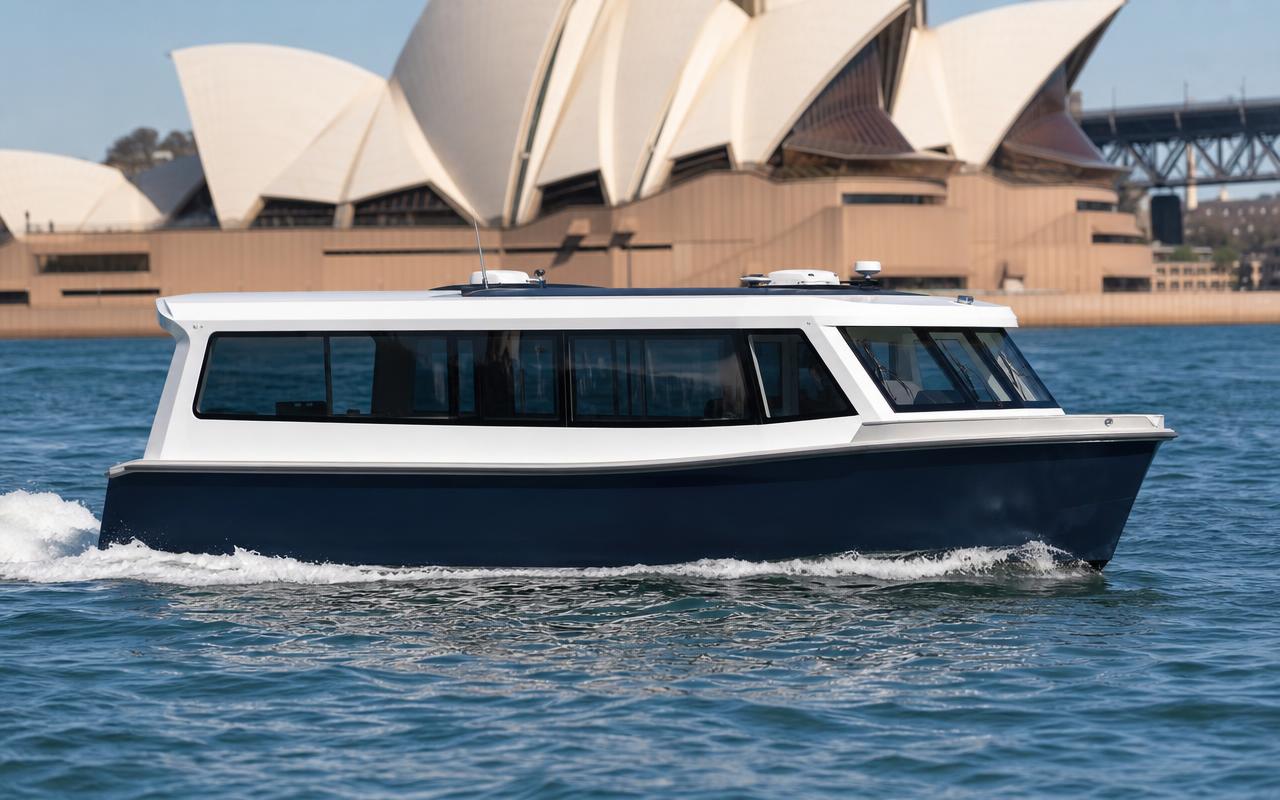 Navy and white enclosed water taxi cruising past the Sydney Opera House