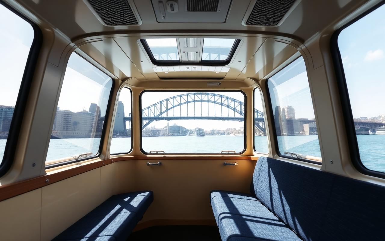 Interior cabin of a Sydney Harbour water taxi with harbour views