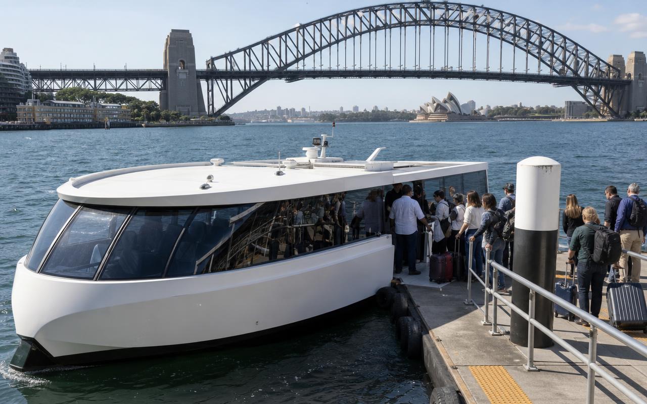 White water taxi at a Sydney Harbour wharf with passengers boarding