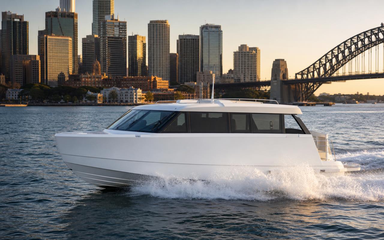 Water taxi under way on Sydney Harbour at golden hour