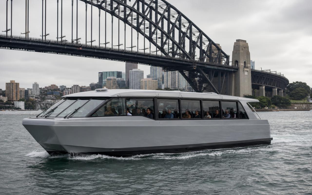 Large 20-seat water taxi passing under the Sydney Harbour Bridge
