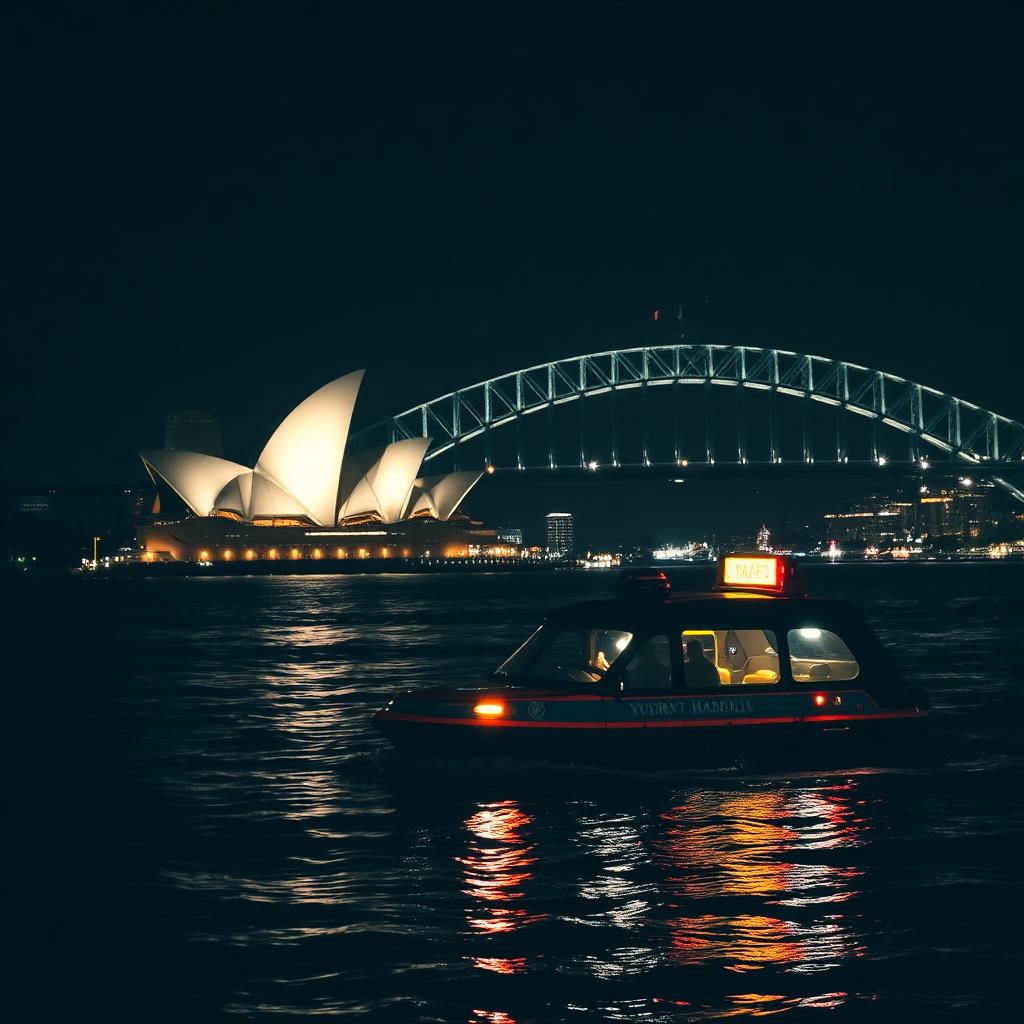 Sydney water taxi at night with the Opera House and Harbour Bridge lit up in the background