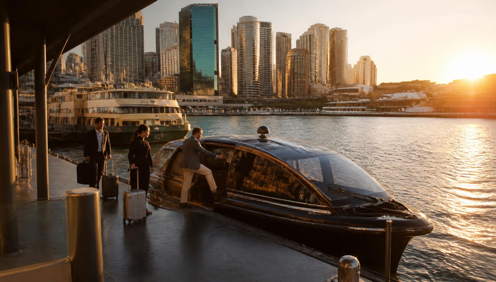 Passengers boarding a private water taxi at the Circular Quay pontoon at golden hour with the Sydney skyline behind