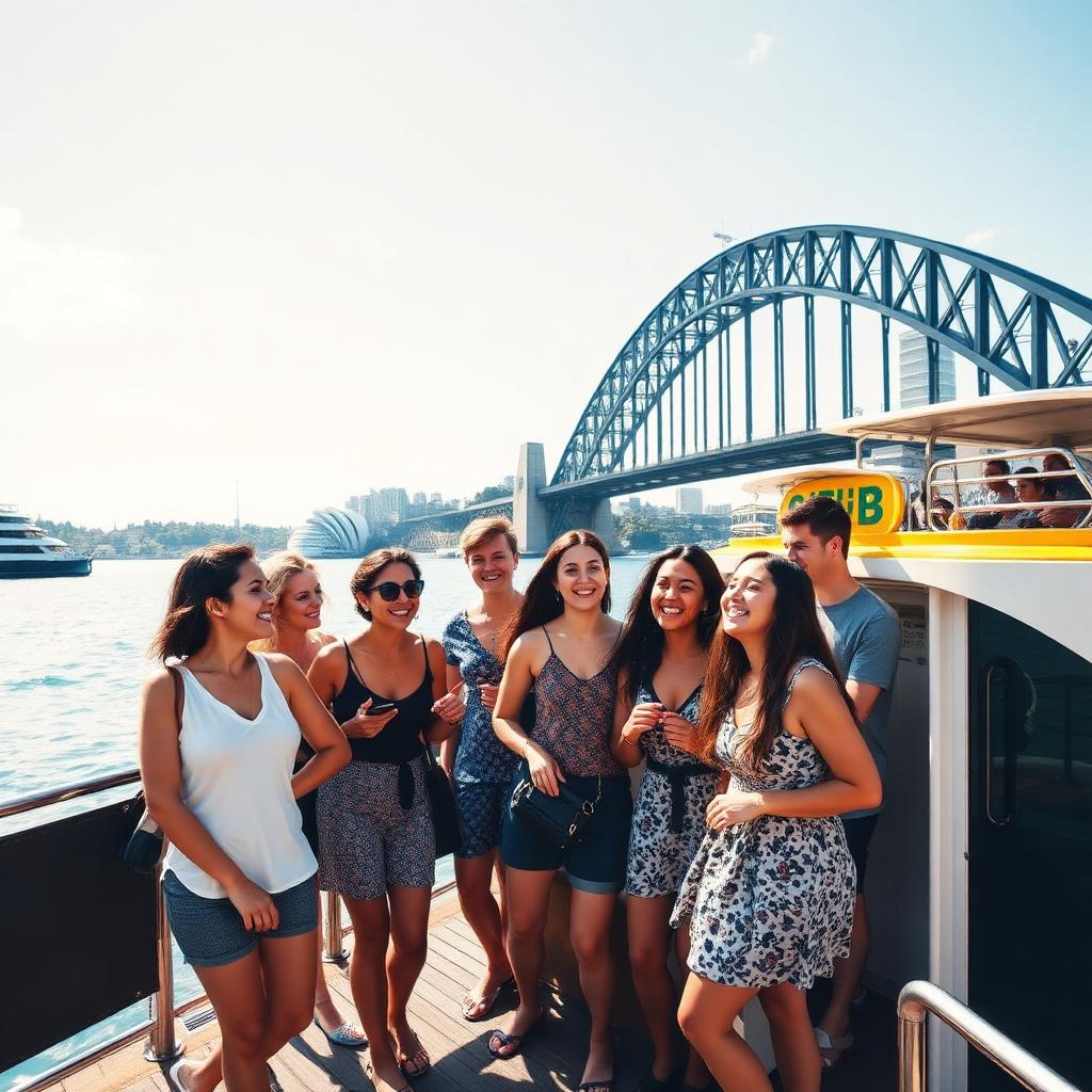 Group of friends boarding a Sydney water taxi at Circular Quay