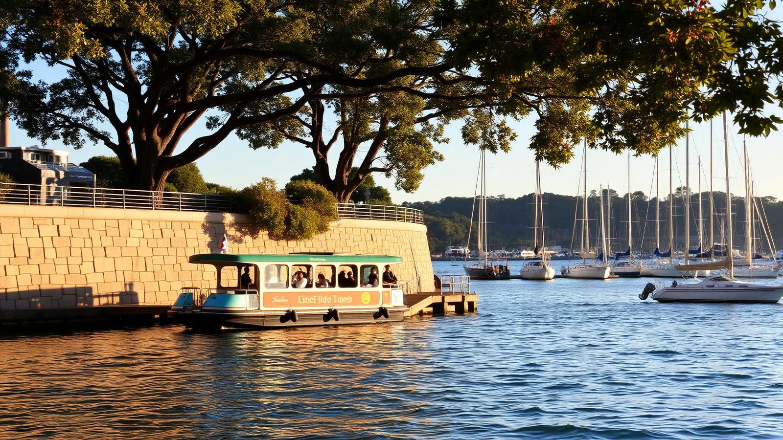 Water taxi alongside a sandstone-walled wharf in a leafy Mosman bay with moored yachts behind