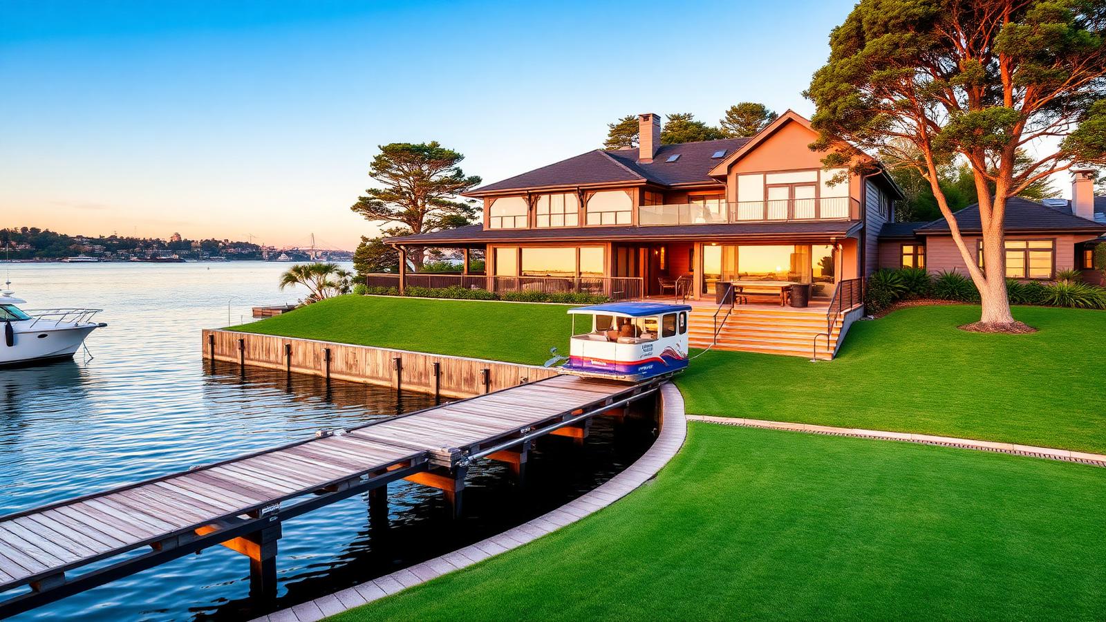 Water taxi alongside the private timber jetty of a Sydney Harbour waterfront home at golden hour