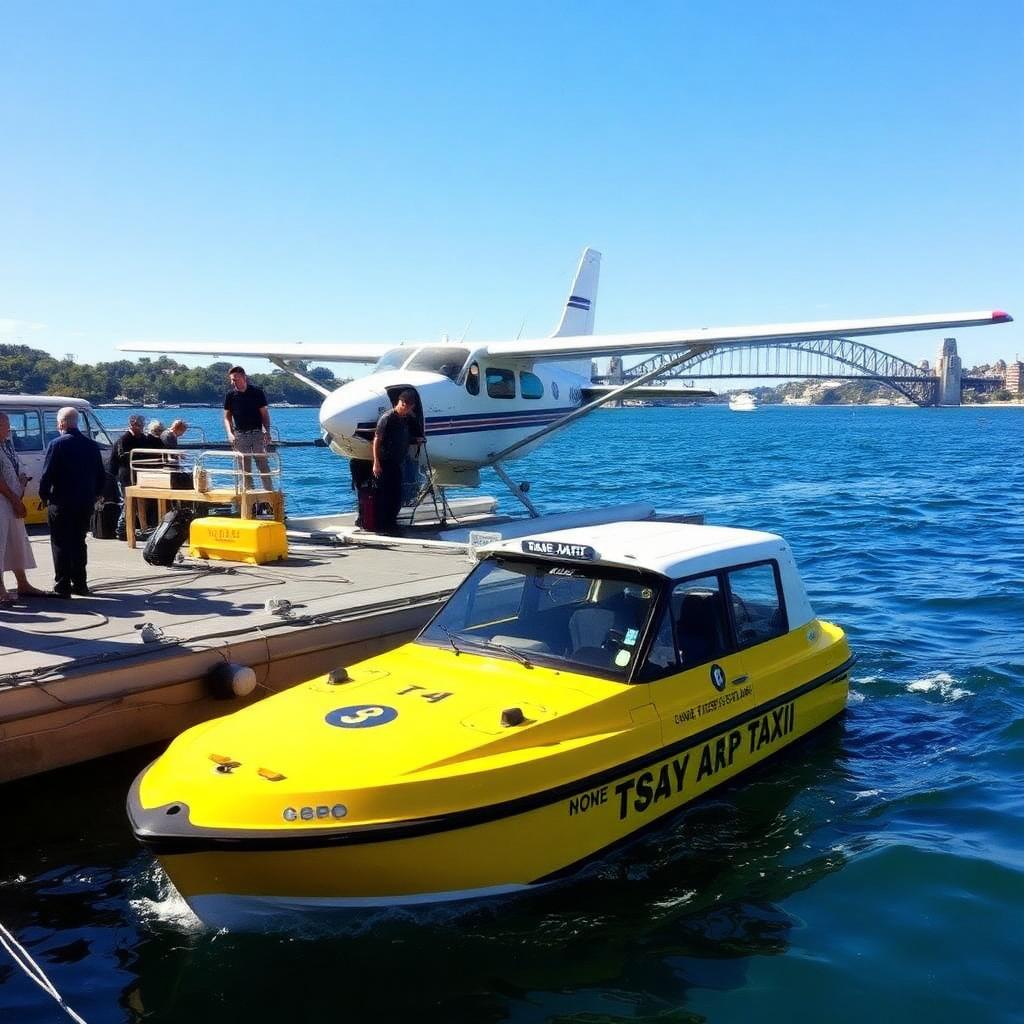 Sydney water taxi at Rose Bay seaplane wharf loading passenger luggage