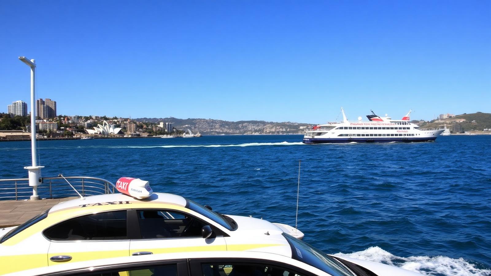 A Sydney taxi on the wharf with a large Sydney ferry crossing the harbour in the background