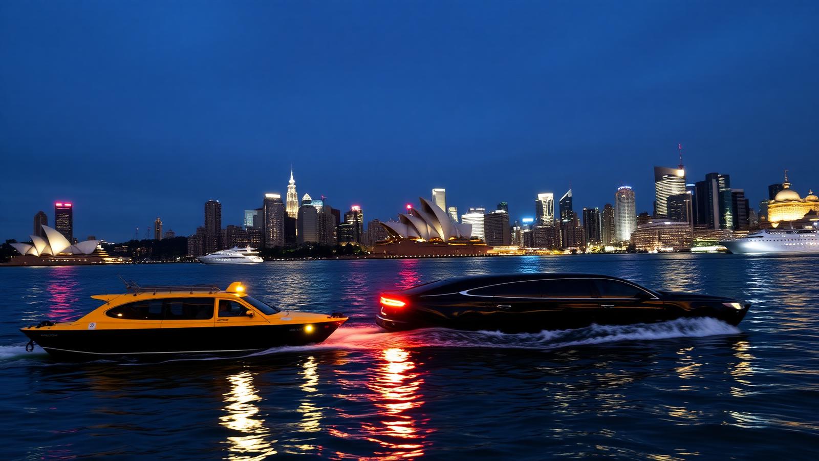 A yellow water taxi and a black water limousine passing each other on Sydney Harbour at dusk