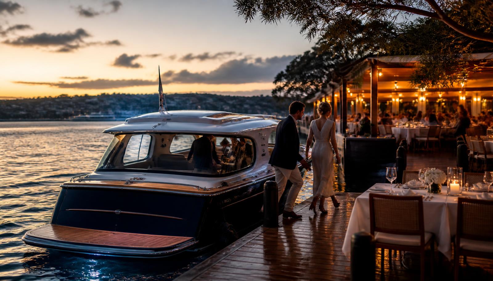 Guests stepping off a water taxi onto a jetty beside a candlelit waterfront restaurant at sunset