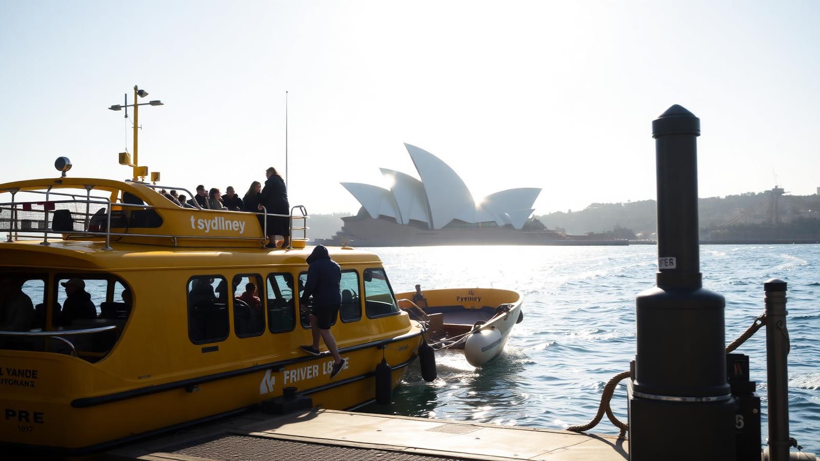Yellow Sydney water taxi at a harbour wharf with passengers stepping aboard, Opera House behind