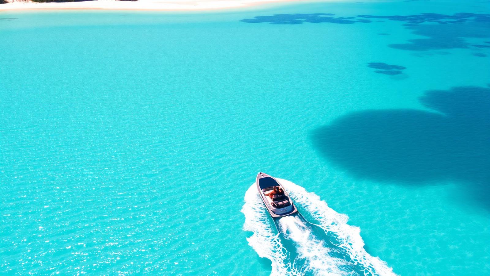 Aerial view of a private Whitsundays water taxi cutting across turquoise water toward Whitehaven Beach